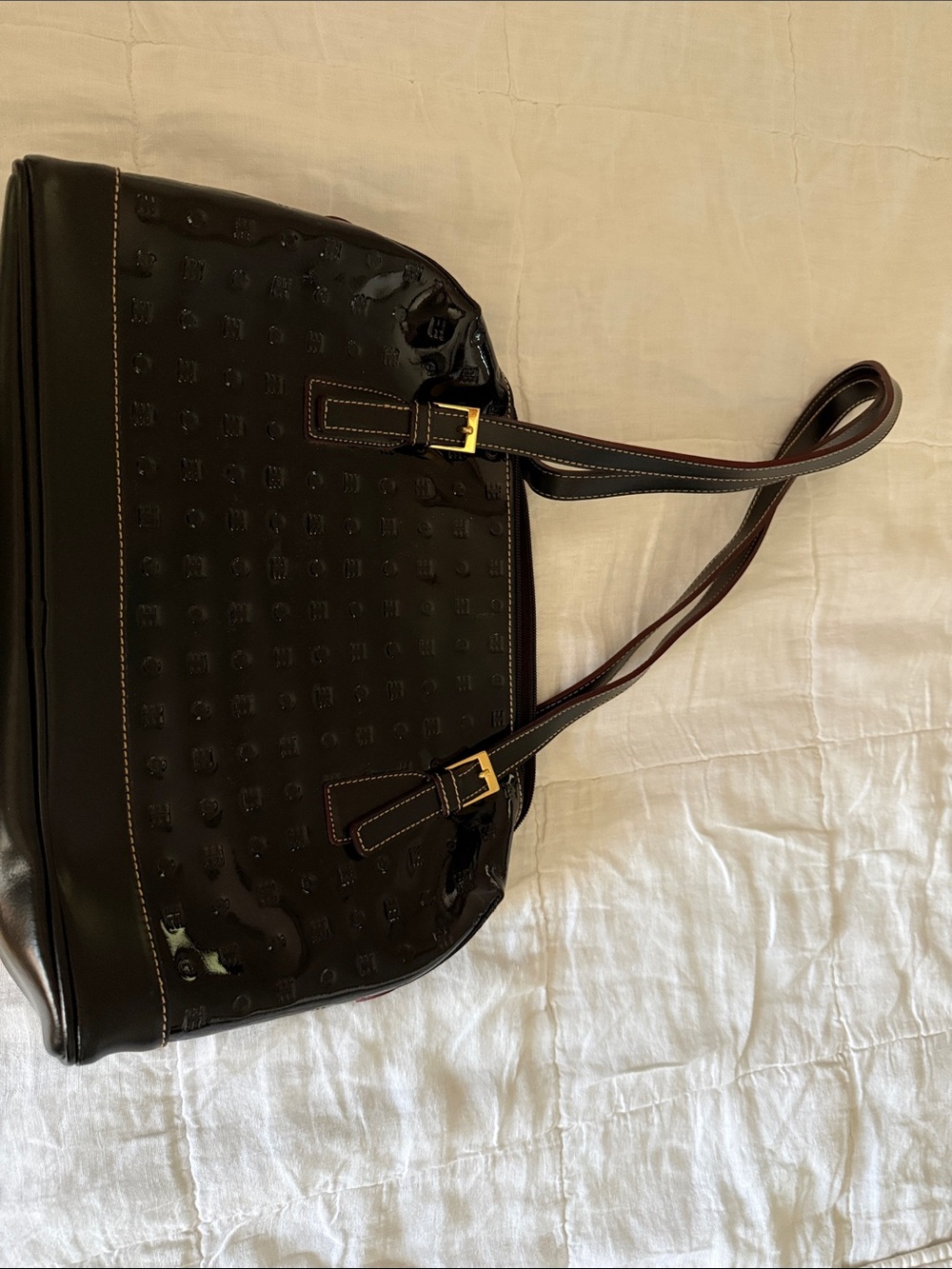 Arcadia Glossy Dark Brown Shoulder Tote with Gold Buckles